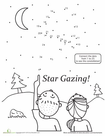 Earth and Space Science worksheet for Kindergarten A fun Connect the Dots Star Gazing worksheet for kindergarten students to reveal a constellation. Connect the dots to discover a beautiful star pattern in this engaging coloring page!