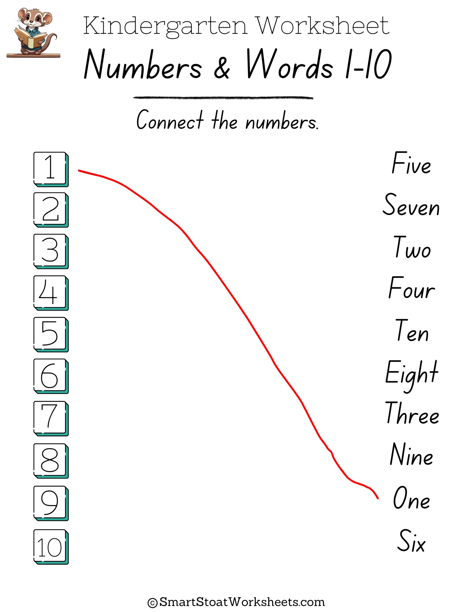 Connect the Numbers worksheet for kindergarten helping kids match numbers with quantities