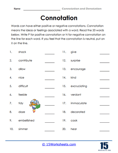 Sixth grade writing with connotation worksheet for middle school vocabulary development
