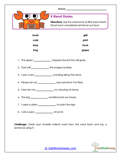 Consonant Blends in Context Worksheet Number 7 Second grade student completing a consonant blends sentence worksheet for reading practice