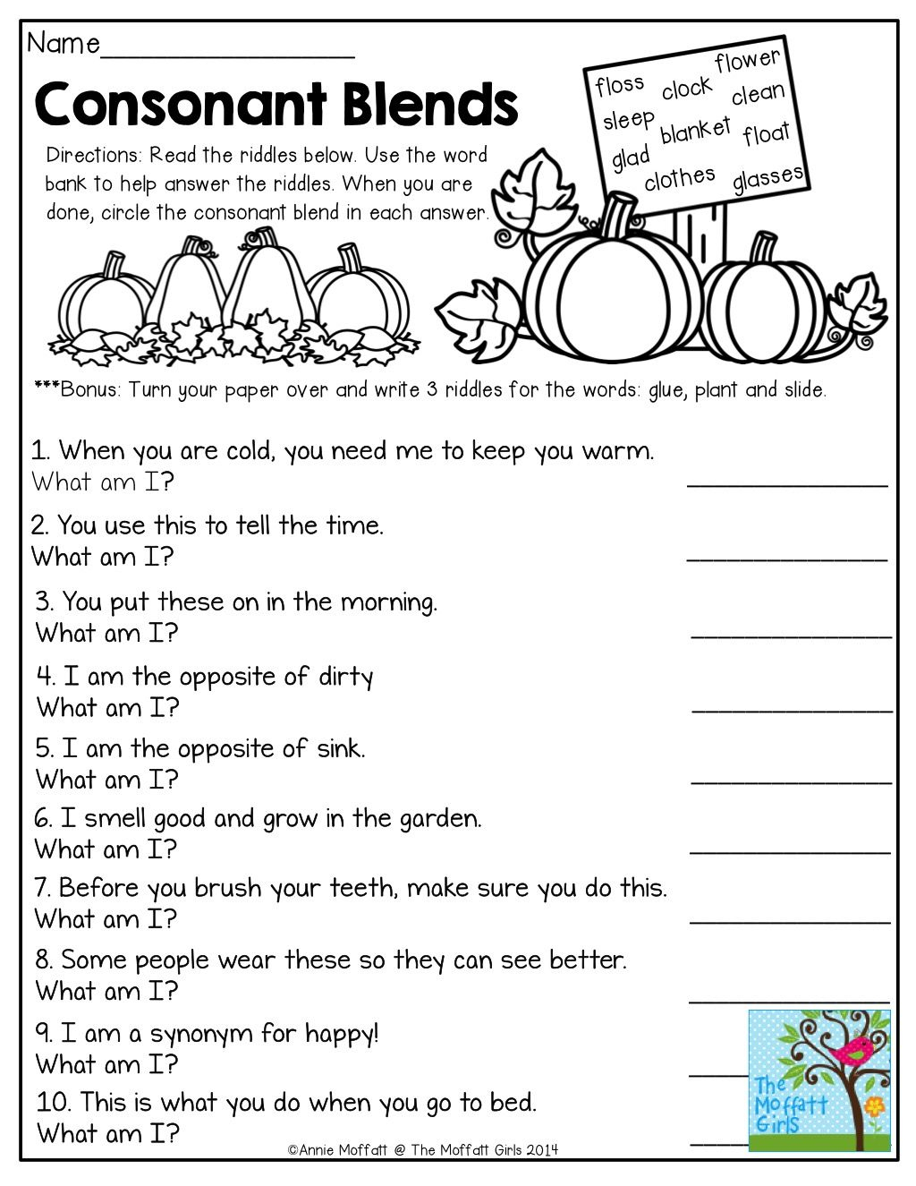 Consonant blends worksheet for first graders featuring a spring theme