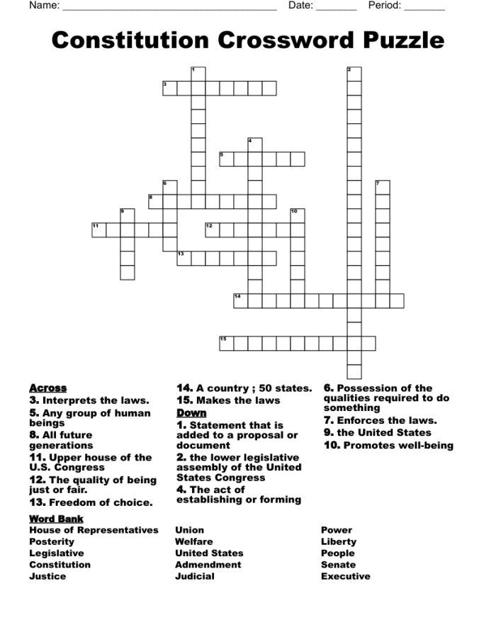 Crossword puzzle worksheet about the United States Constitution for third graders