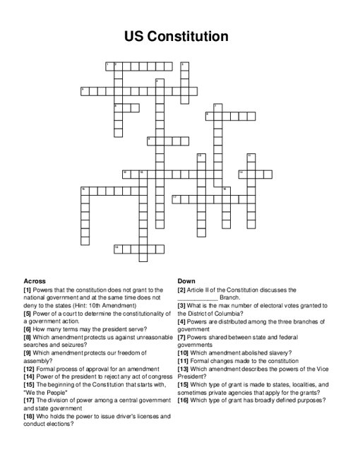 Third grade students solving a United States Constitution crossword puzzle worksheet