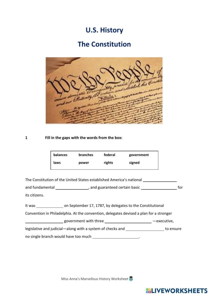 Fourth grade student practicing cursive handwriting on a Constitution worksheet
