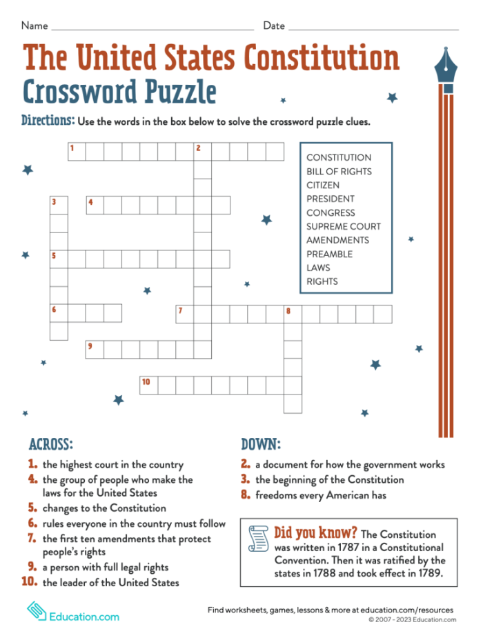 Fourth grade students practicing cursive handwriting on a United States Constitution worksheet