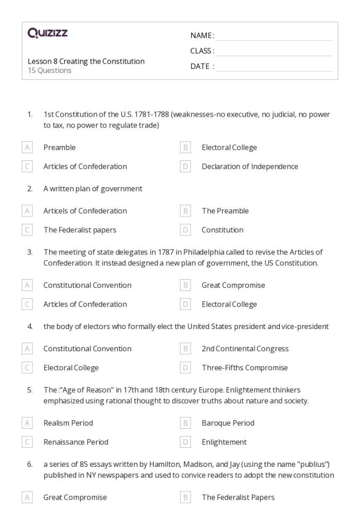 Fourth grade student practicing cursive handwriting on a Constitution of the United States worksheet