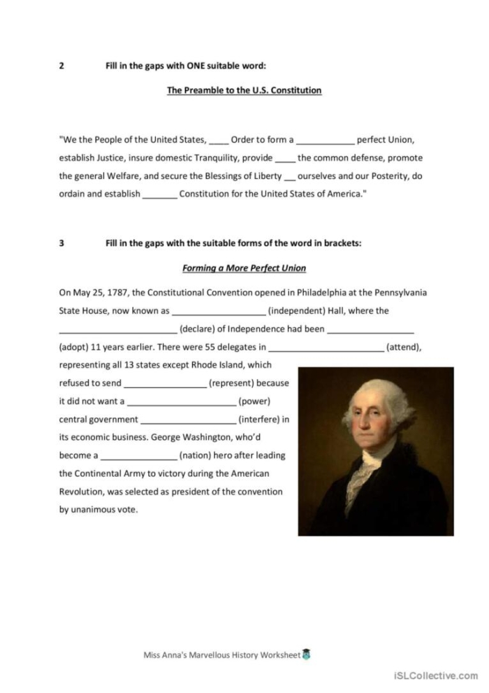 Fourth grade students learning about the United States Constitution on a handwriting worksheet