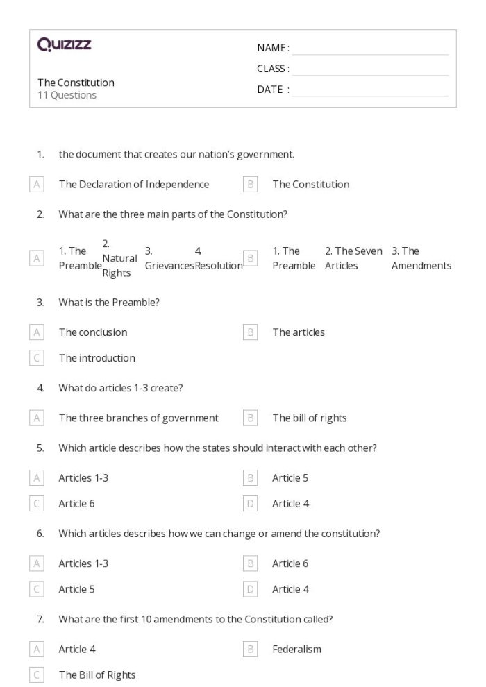 Fourth grade students practice handwriting while learning about the Constitution of the United States with this educational worksheet
