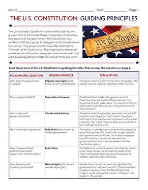 Students analyzing the guiding principles of the U.S. Constitution in a worksheet activity