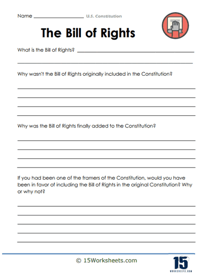 Third grade students learning about the U.S. Constitution with a government history worksheet