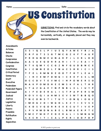 Fourth grade handwriting worksheet about the United States Constitution