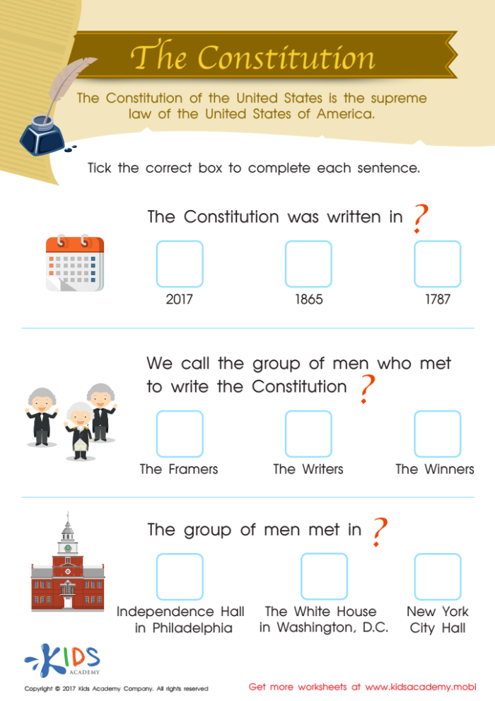 Third grade students learning about the U.S. Constitution with an educational worksheet activity about government