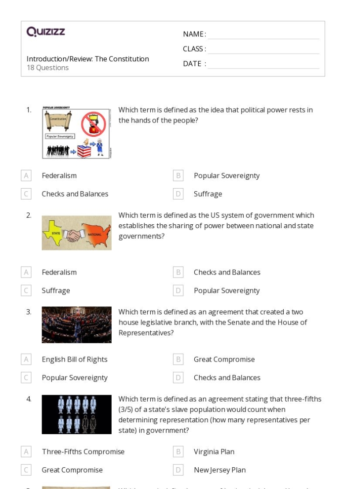 Fourth grade handwriting worksheet about the United States Constitution with fill-in-the-blank exercises and tracing activities