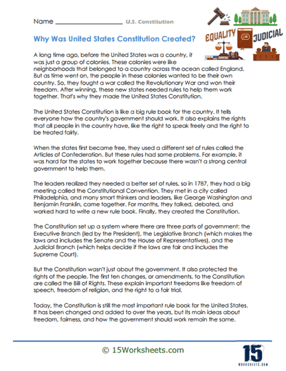 Fourth grade handwriting worksheet about the United States Constitution