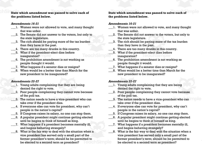 Fourth grade students completing an Amendments Quiz worksheet about the U.S. Constitution