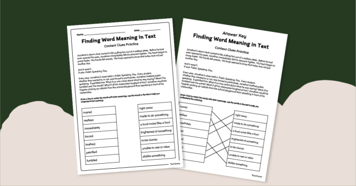 Worksheet showcasing the Context Clues Check-Up for third graders focusing on vocabulary skills