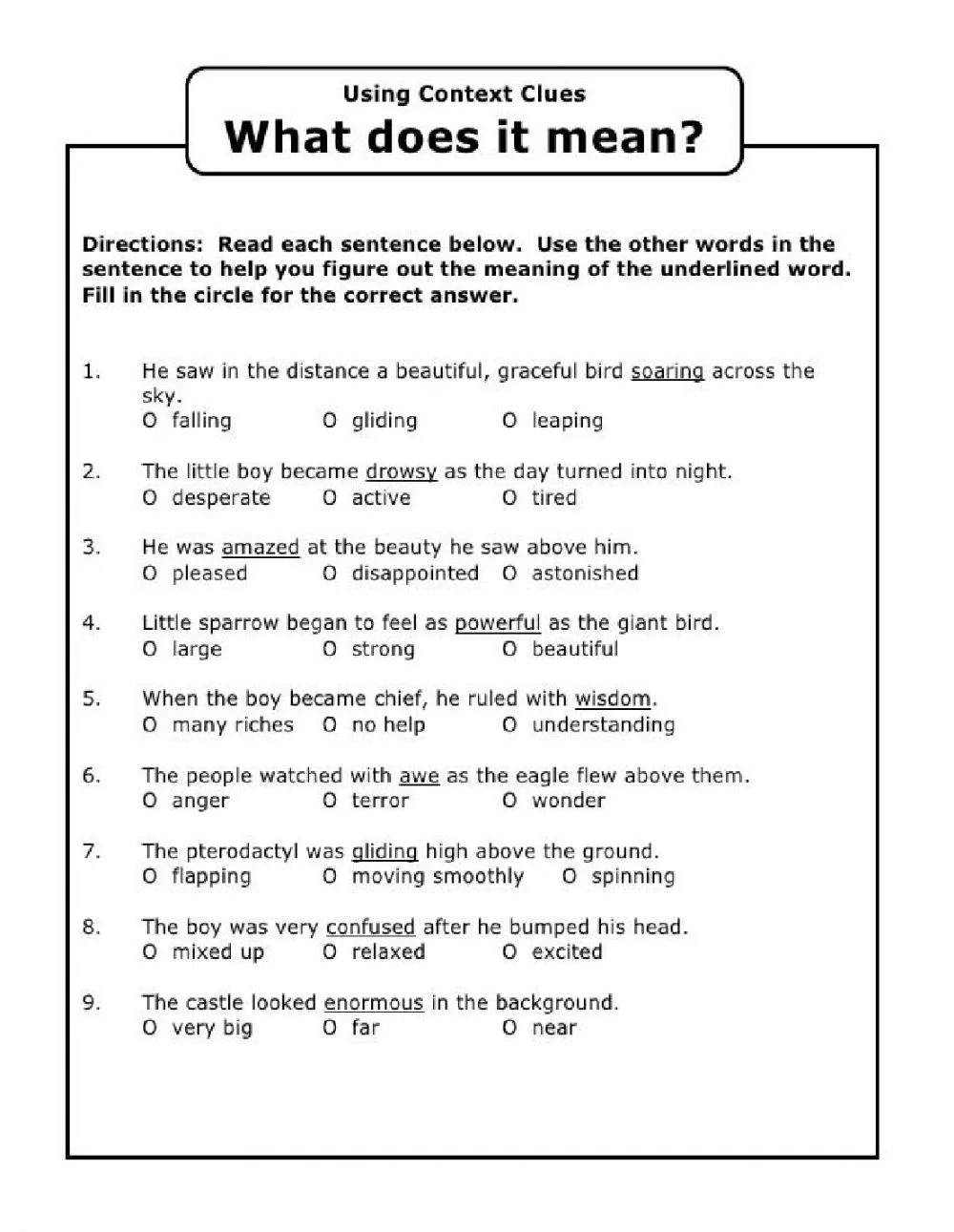 Fifth grade worksheet showing context clues practice exercises for understanding unknown words in sentences