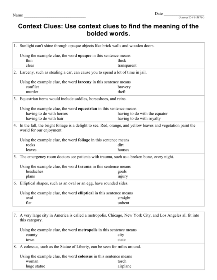 Fourth grade student completing a worksheet about identifying word meanings through context clues