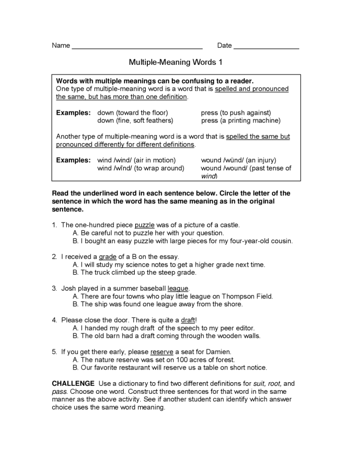Using Context Multiple Meaning Words Worksheet 24 Third grade student using context clues to define multiple meaning words on a worksheet