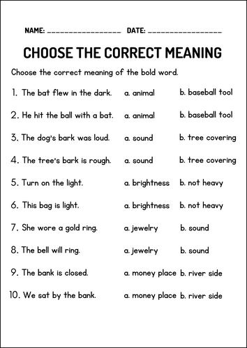 Worksheet for identifying multiple meaning words using context clues for third graders