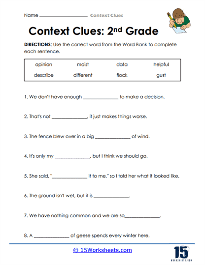 Worksheet for third graders on using context clues to find word meanings