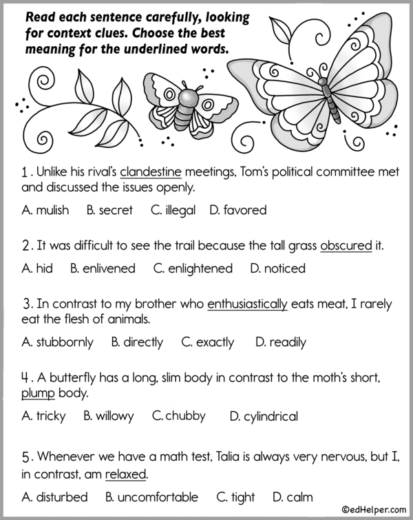 Third grade worksheet for assessing student proficiency in identifying word meanings using context clues