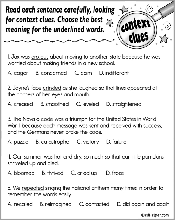 Fourth grade students using context clues to identify word meanings on a history worksheet