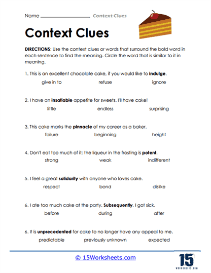 Third grade worksheet focusing on context clues to define unfamiliar words in sentences