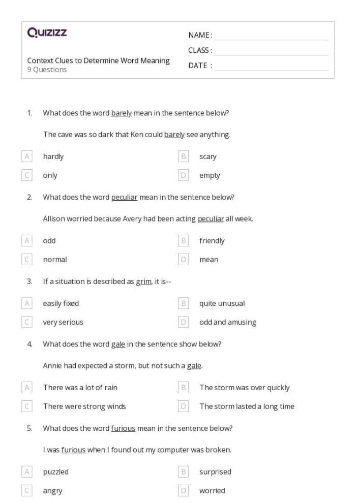 Third grade vocabulary worksheet focused on identifying definitions through context clues