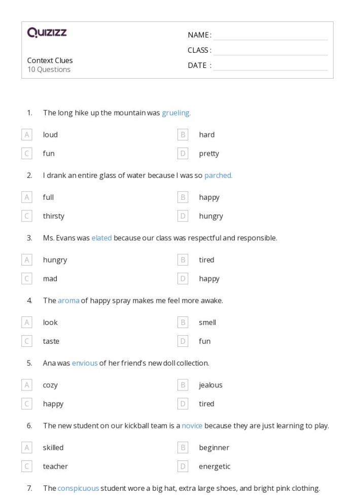 Fifth grade student completing a Using Context Clues worksheet to determine word meanings