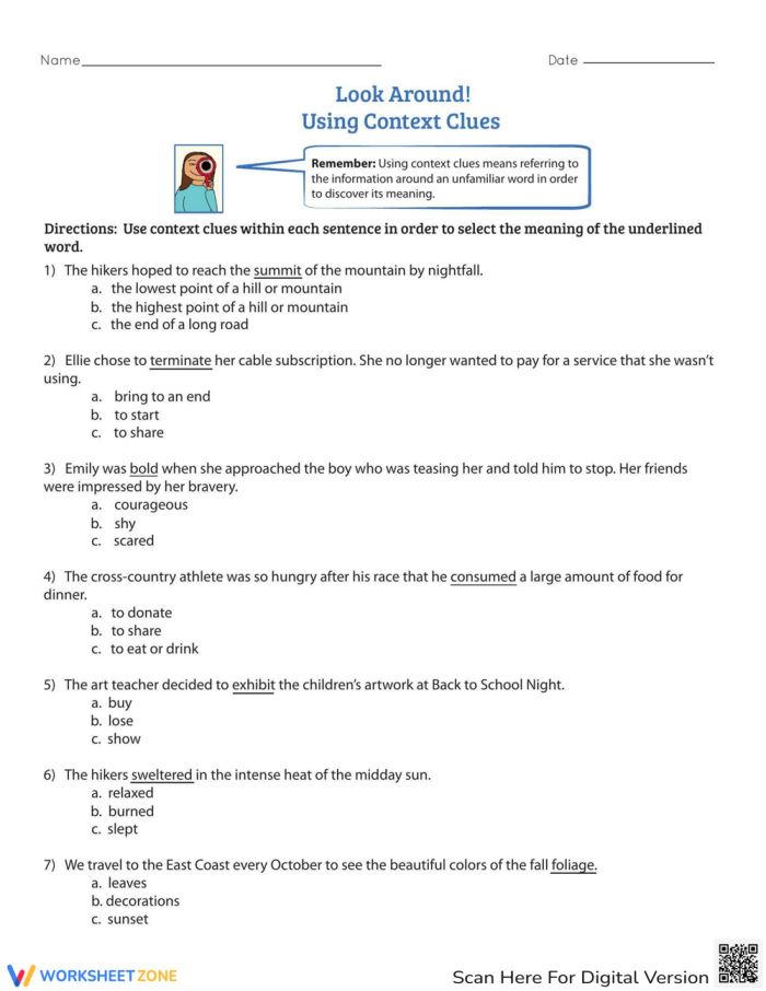 Worksheet illustrating context clues for vocabulary understanding in fourth-grade history. Look Around! Using Context Clues worksheet for enhancing word meaning skills.