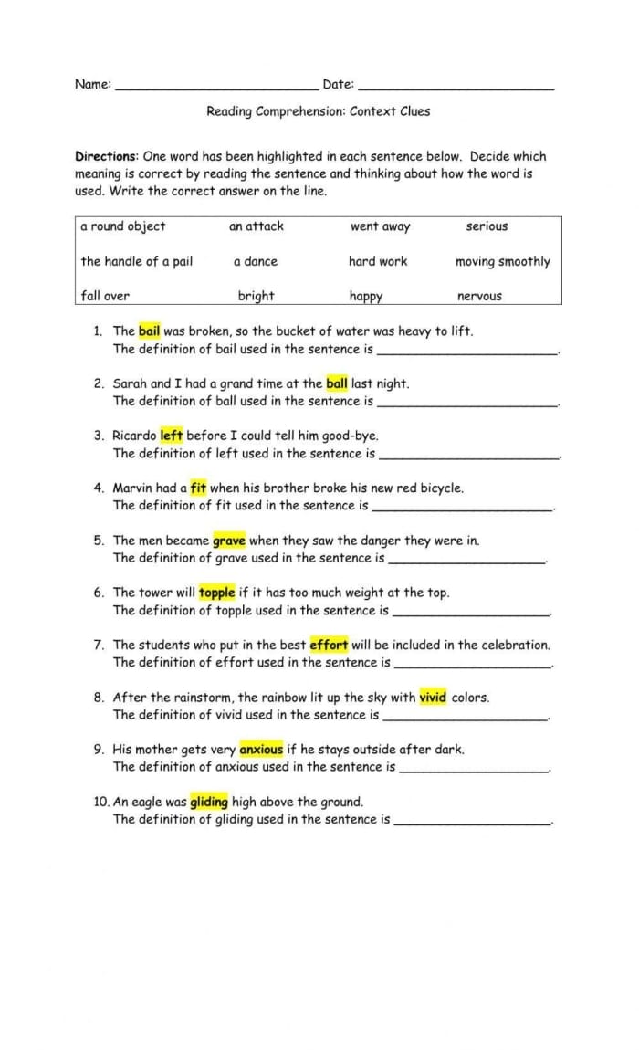 Third grade vocabulary worksheet focused on identifying definitions through context clues