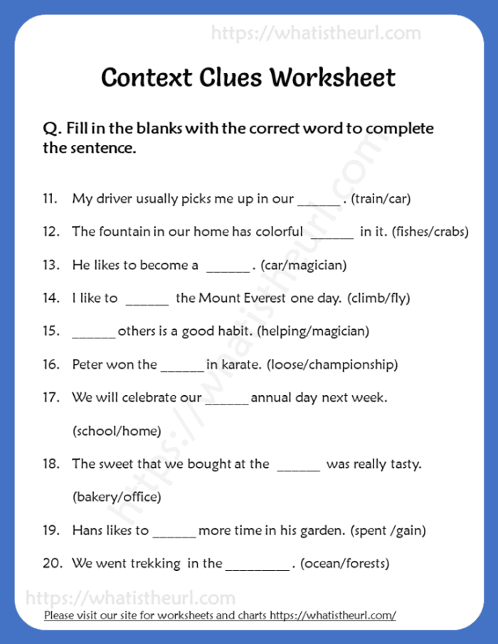 Third grade worksheet for practicing how to define vocabulary terms using context clues