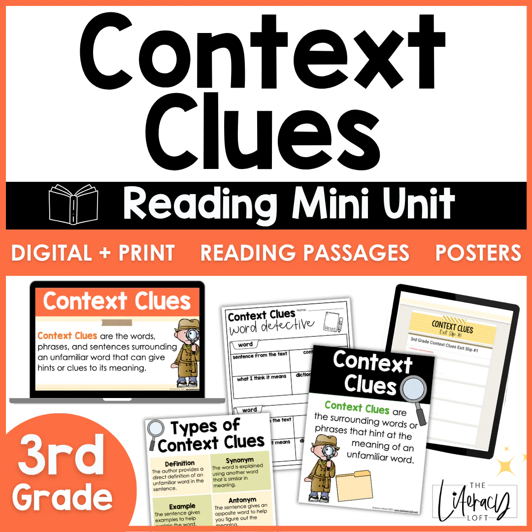 Third grade student working on a word mystery context clues worksheet