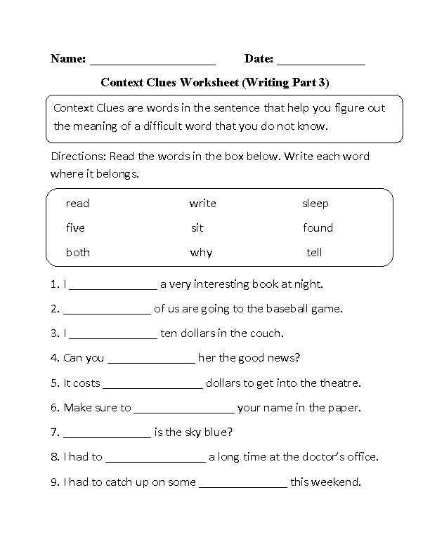 Context Clues Worksheet for third graders featuring a word mystery activity