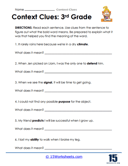 Third grade student worksheet focusing on using context clues as a word sleuth to define vocabulary