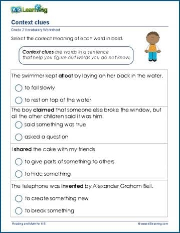 Third grade students using a Context Clues Check-Up worksheet to identify word meanings