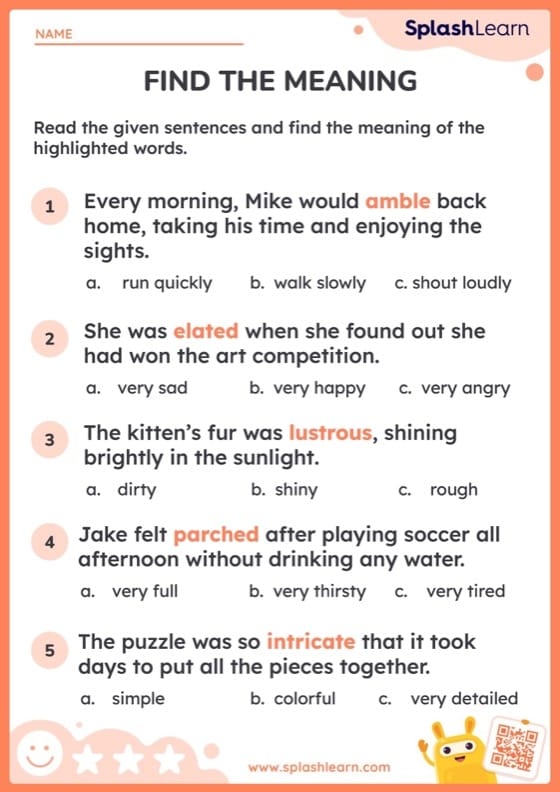 Third grade worksheet for practicing how to identify word meanings using context clues