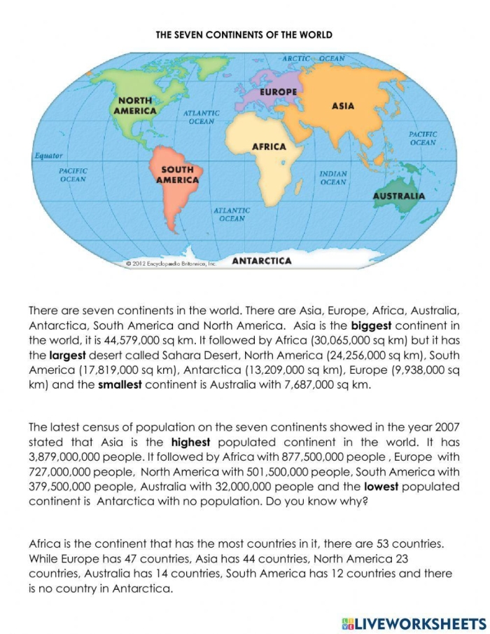 Third grade geography worksheet featuring a crossword puzzle with continent shapes for students to identify and learn map skills