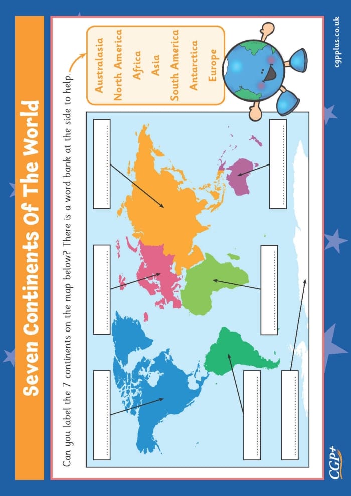 First grade geography worksheet for labeling seven continents with a cut and paste activity
