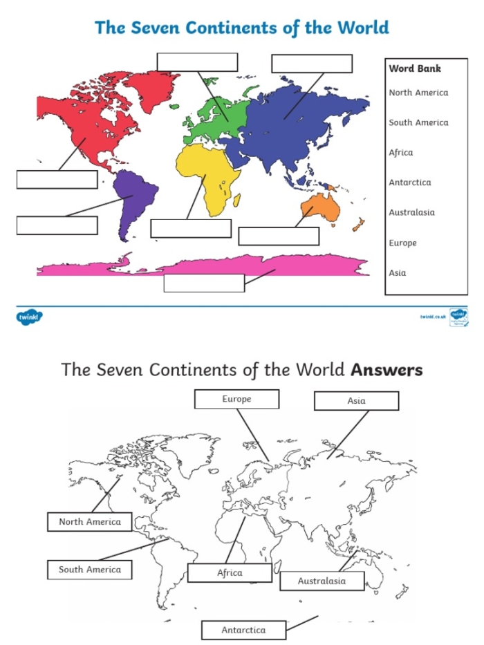 Third grade students identifying continent shapes on a Seven Continents Crossword worksheet