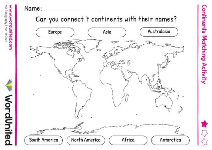 First grade geography worksheet featuring a world map for students to label the continents by cutting and pasting