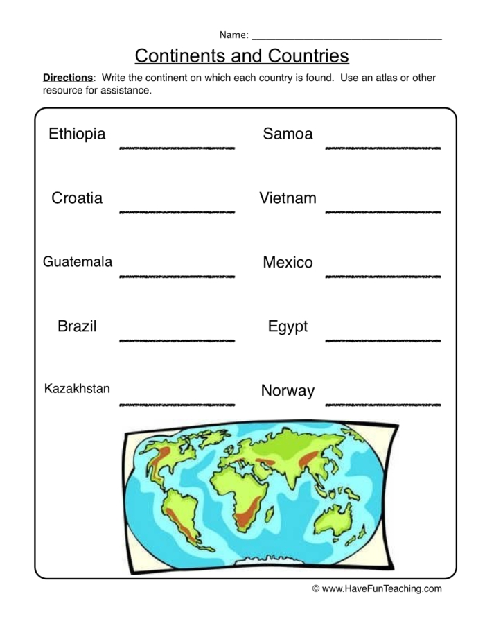 Third grade worksheet about the continents featuring a word scramble puzzle