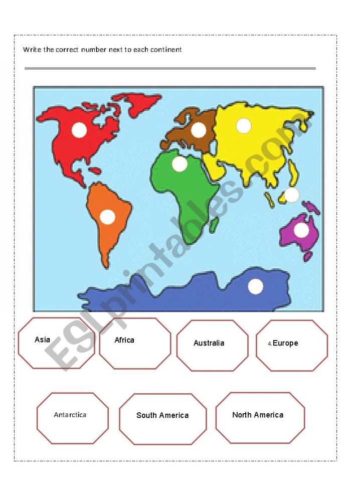 Third grade worksheet featuring a word scramble activity about the seven continents of the world