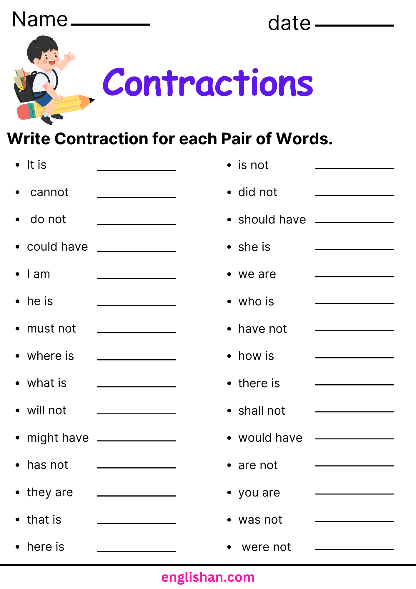 Worksheet focusing on contractions in a construction theme for third graders