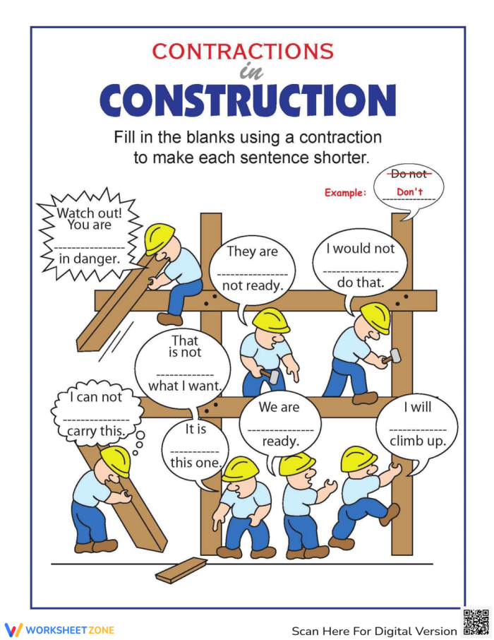 Worksheet featuring contractions with a construction theme for third graders