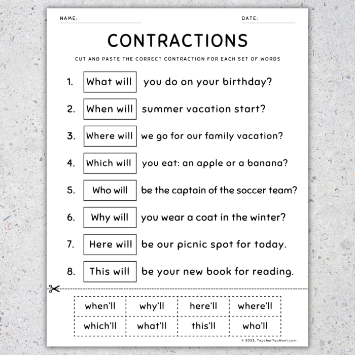Worksheet featuring contractions related to construction for third graders