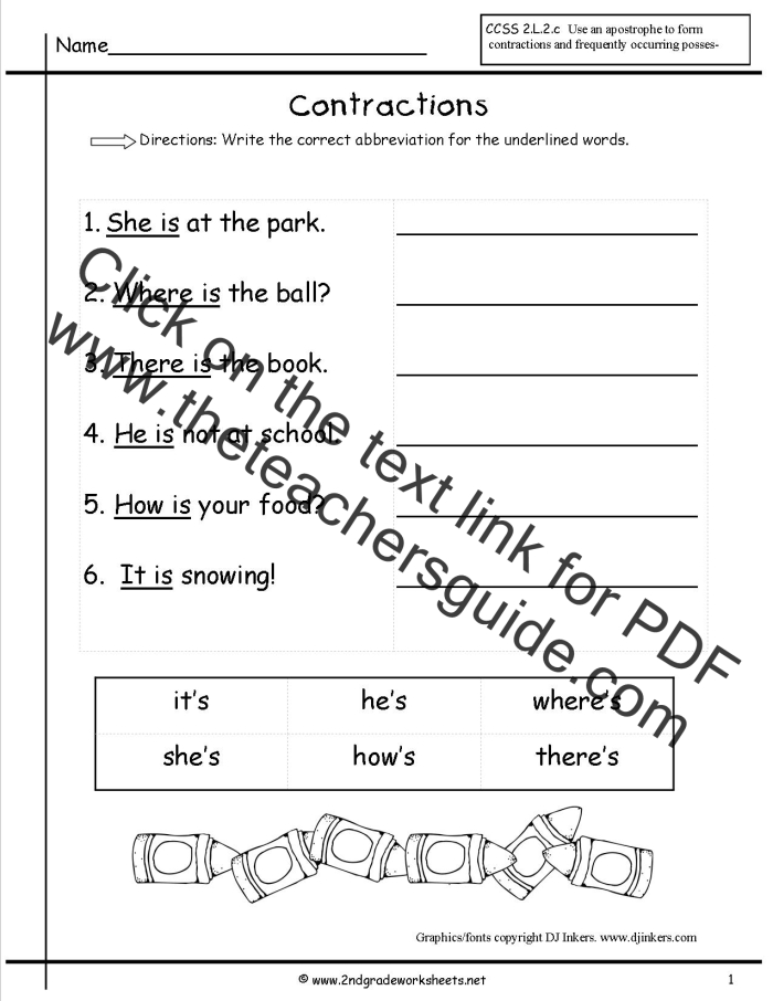 Worksheet featuring contractions in a construction zone for third graders