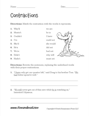 First grade worksheet featuring a matching activity for contractions with word pairs