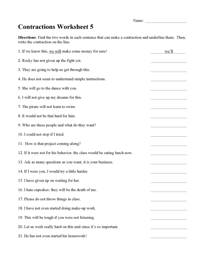 Worksheet image featuring contractions in a construction theme for third graders
